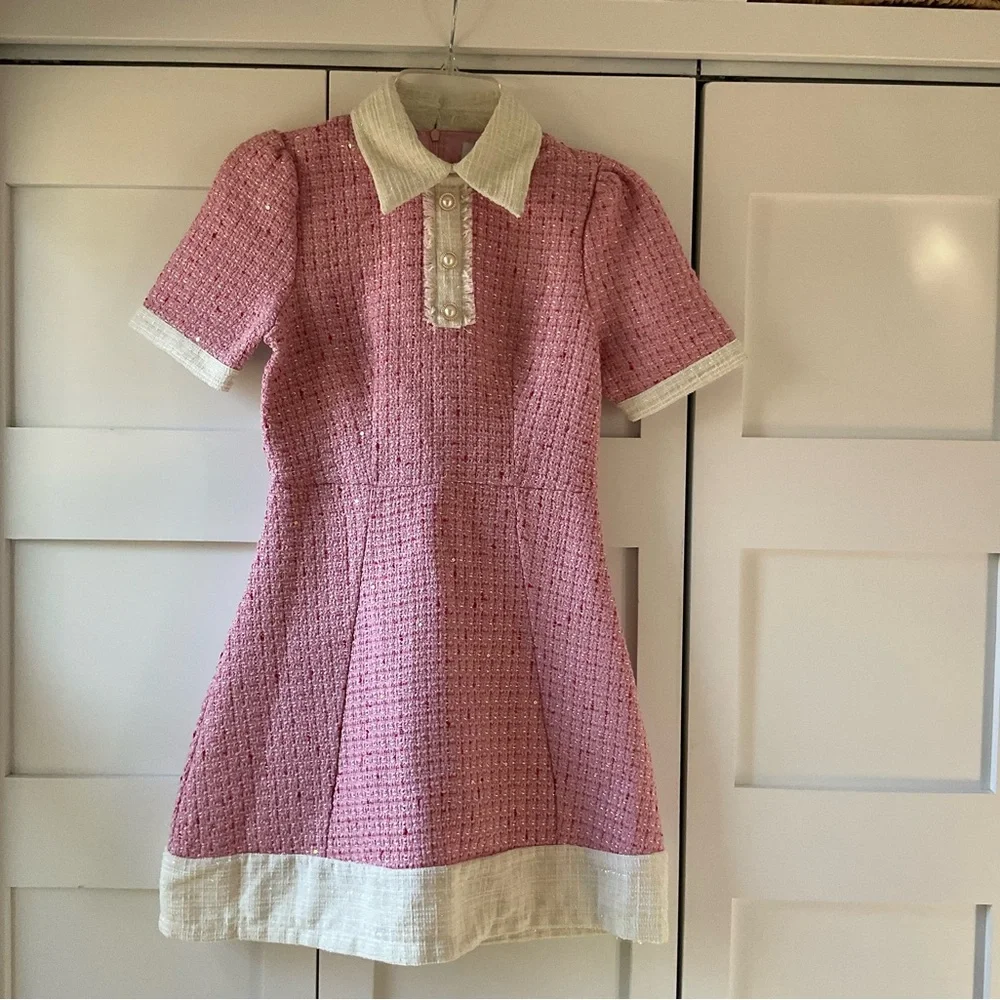 Pink Tweed Collared Dress With Pearl Buttons - Picture 3 of 8